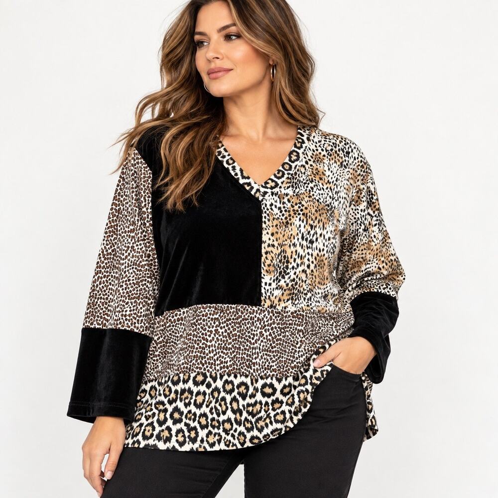 Vintage 90s Adrian Jordan Leopard Patchwork Velvet Tunic Top Made USA 18/20
